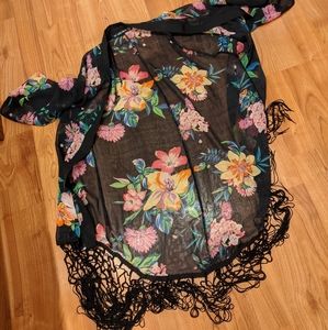 Floral print open women's kimono with fringe